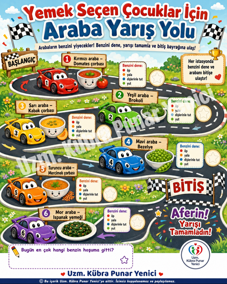Yemek Seçen Çocuklar İçin Araba Yarışı Etkinlik Seti
