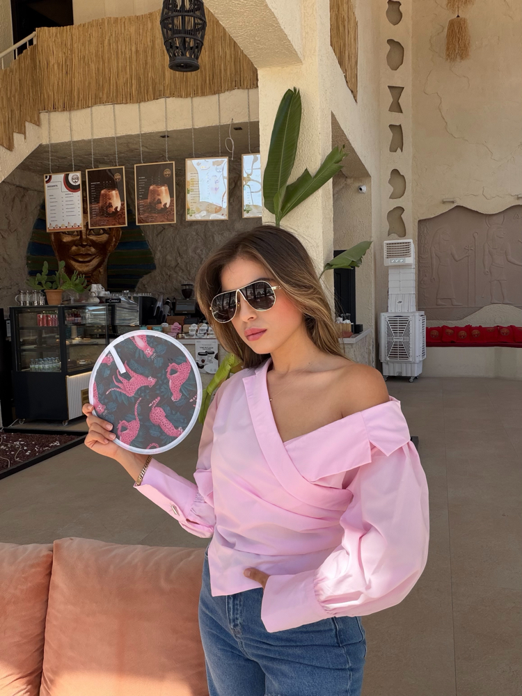 Pembe poplin kumaş drapeli ipli bağlamalı gömlek 