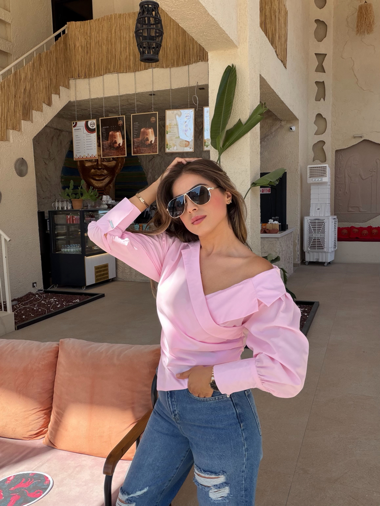 Pembe poplin kumaş drapeli ipli bağlamalı gömlek 