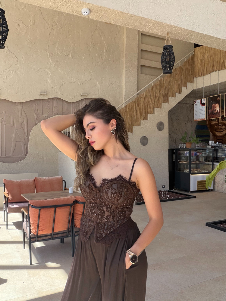 Kahve dantel güpürlü korse 