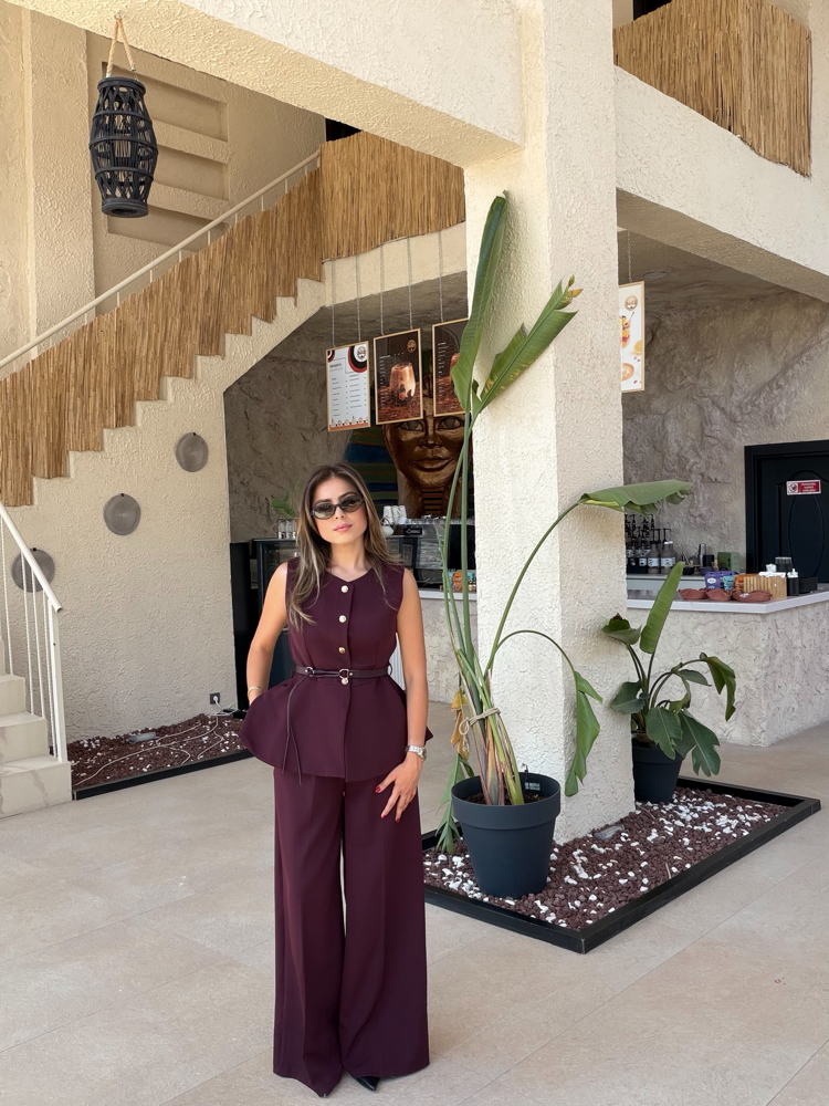 Double kumaş Mürdüm kemerli düğme detaylı yelek/palazzo takım
