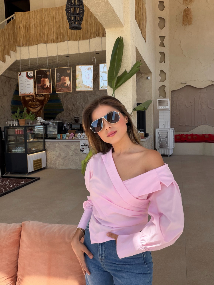 Pembe poplin kumaş drapeli ipli bağlamalı gömlek 