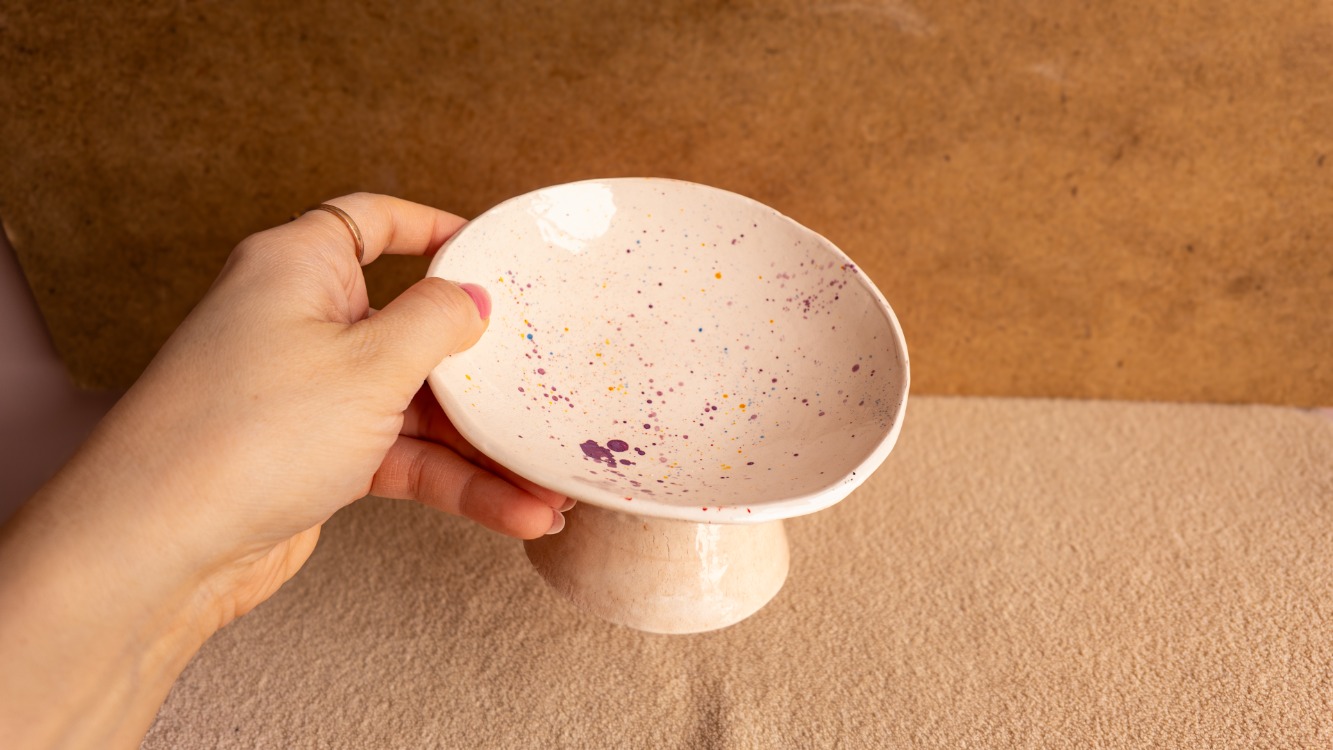 Renkli Noktalı Yükseltilmiş Seramik Kedi Mama Kabı Seti
