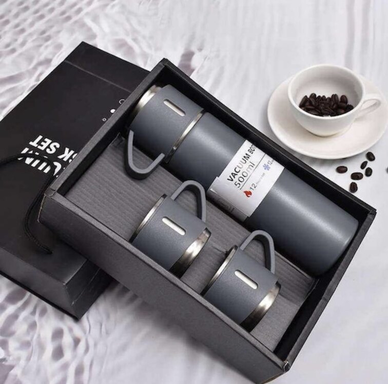 Vacuum 3 Bardak Termos Set Gri