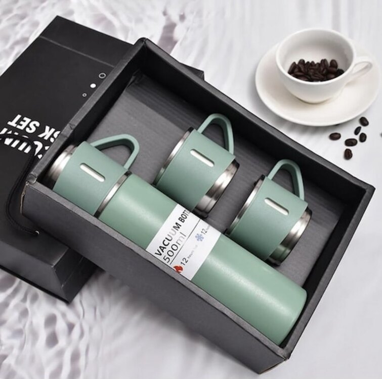 Vacuum 3 Bardak Termos Set Yeşil