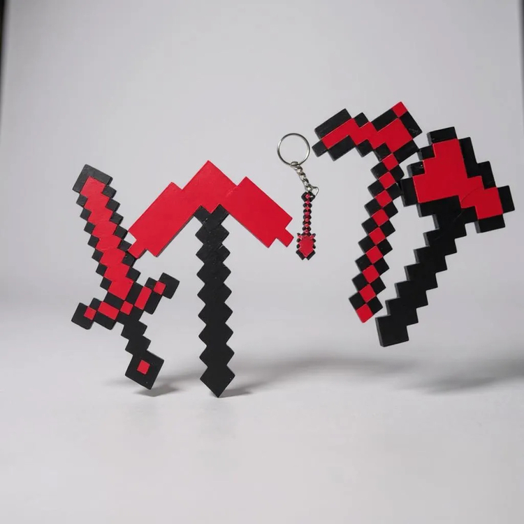 Minecraft Tarzı 3D Pixel Silah Seti – Kılıç, Kazma, Balta ve Anahtarlık (Kırmızı-Siyah)