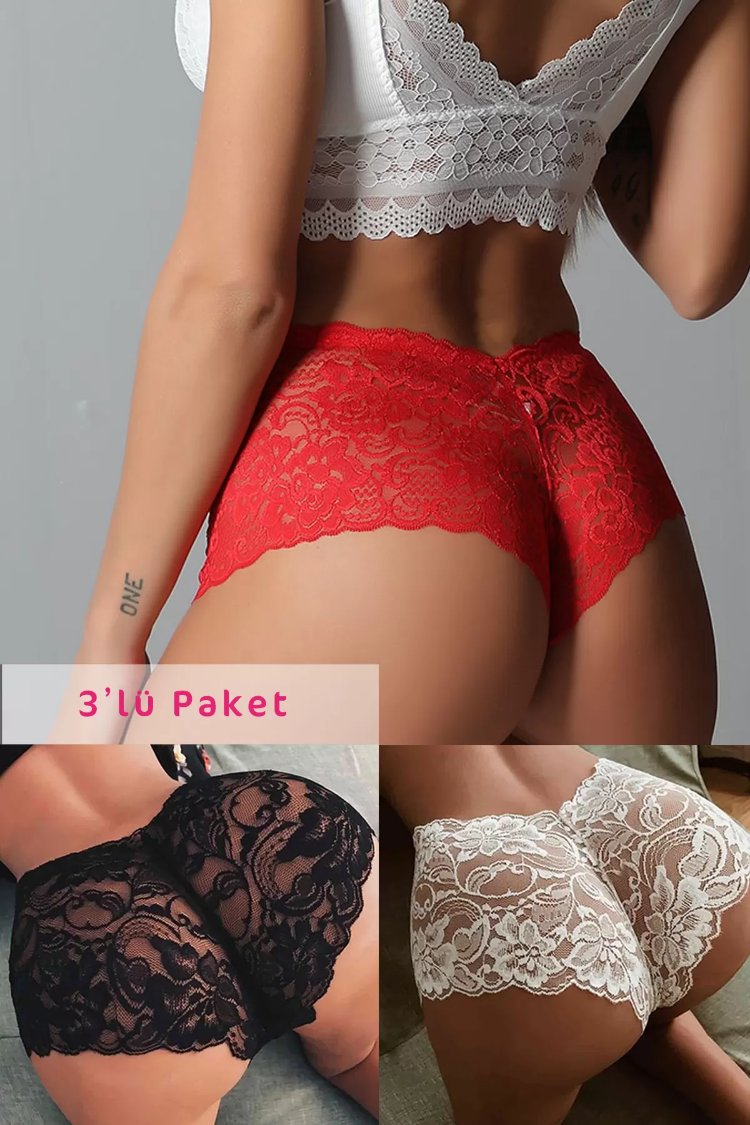 Siyah Beyaz Kırmızı 3'lü Paket Dantel Tanga Şort Külot