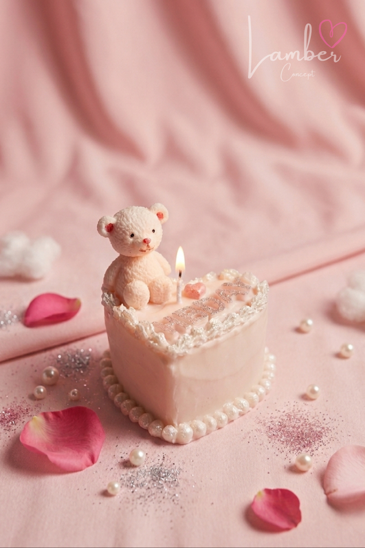 Ayıcıklı ve Kalp Şeklinde ‘Happy Birthday’ yazılı pasta mum