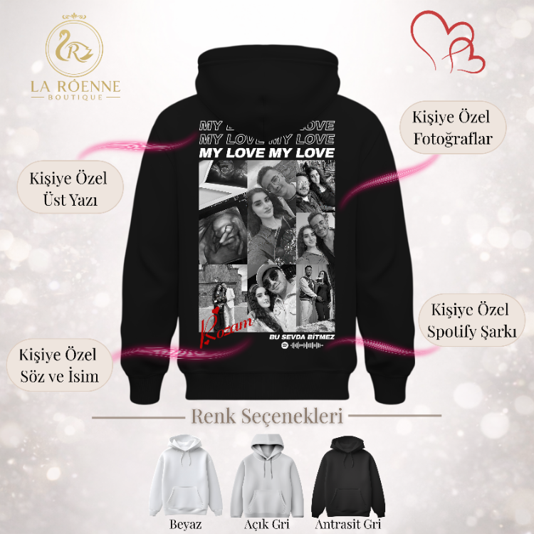 Kişiye Özel Fotoğraflı & Spotify Şarkılı Sevgililer Günü Siyah Hoodie