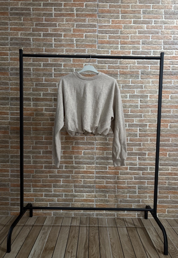 Taş Rengi Lastikli Crop Sweatshirt