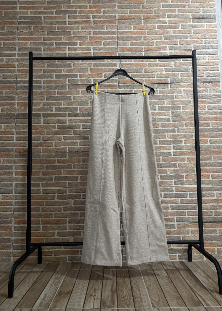 Taş Rengi Triko Geniş Paça Pantolon – Dikiş Detaylı