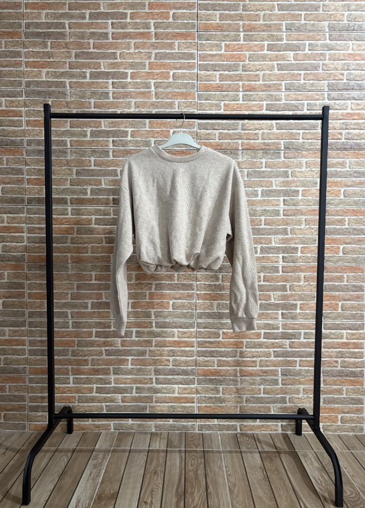 Taş Rengi Lastikli Crop Sweatshirt