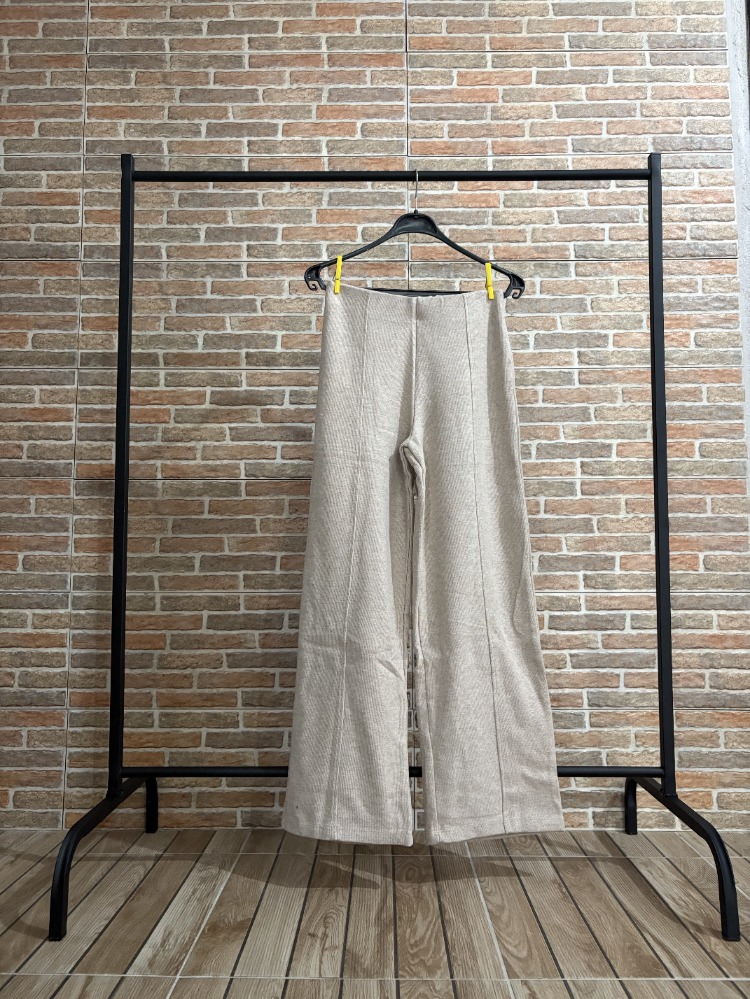 Taş Rengi Triko Geniş Paça Pantolon – Dikiş Detaylı