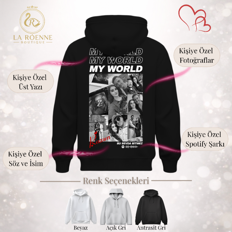 Kişiye Özel Fotoğraflı & Spotify Şarkılı Sevgililer Günü Siyah Hoodie