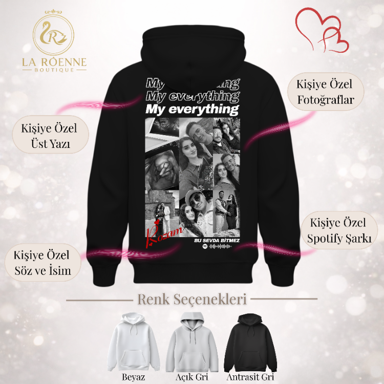 Kişiye Özel Fotoğraflı & Spotify Şarkılı Sevgililer Günü Siyah Hoodie