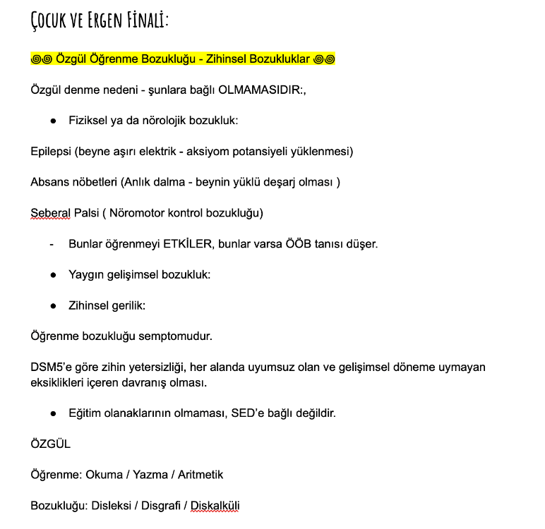 Çocuk ve ergen final notları