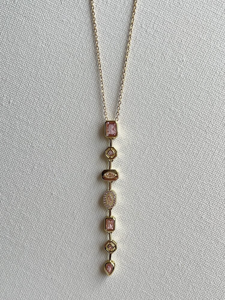 Gold Pembe Zirkon Taşlı Çelik Y Kolye