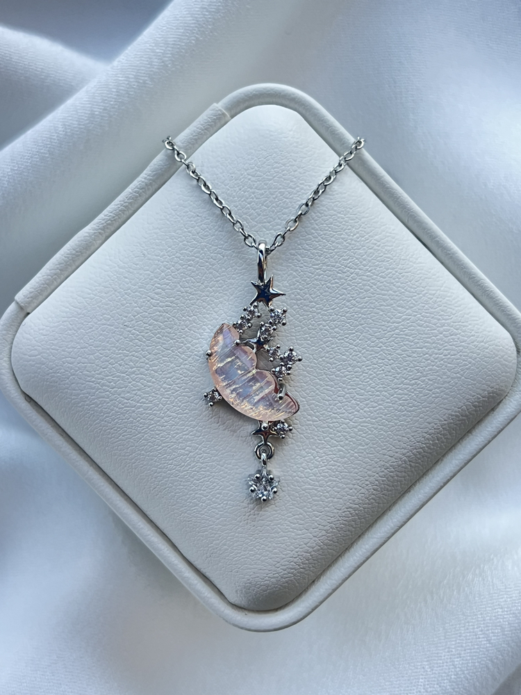 Gümüş Pembe Zirkon Taşlı Ay Model Çelik Kolye (45cm)