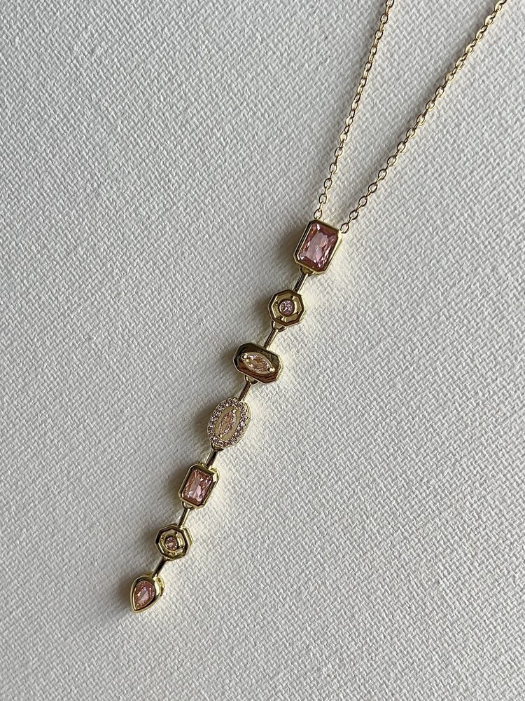 Gold Pembe Zirkon Taşlı Çelik Y Kolye
