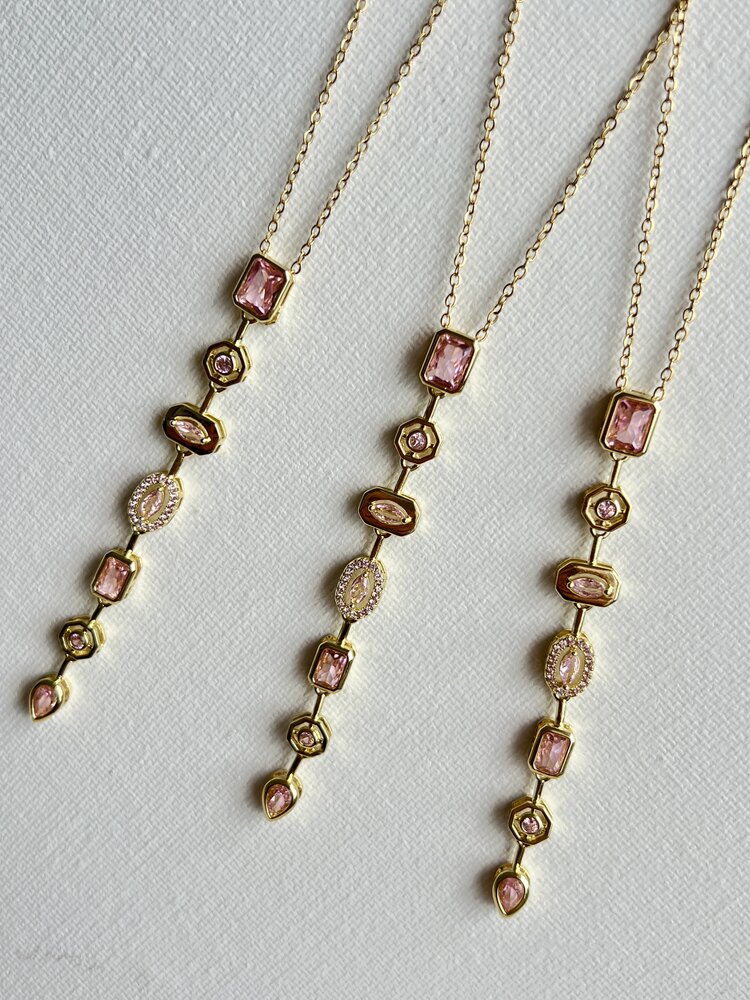 Gold Pembe Zirkon Taşlı Çelik Y Kolye