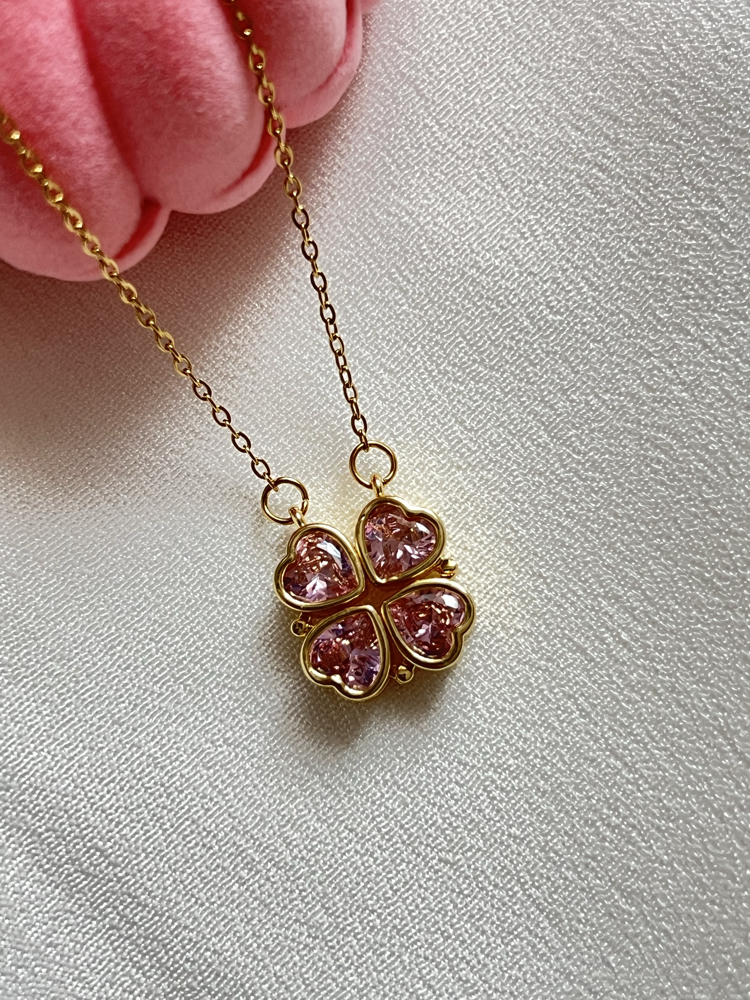 Gold Pembe Zirkon Taşlı Açılabilir Yonca Çelik Kolye (45 cm)