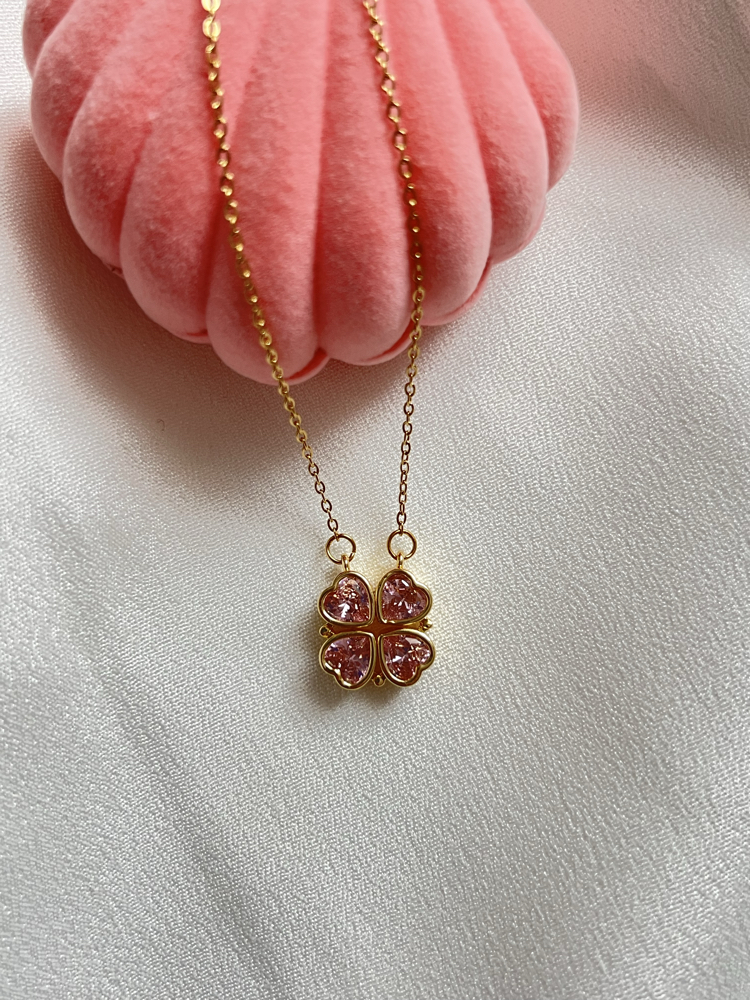 Gold Pembe Zirkon Taşlı Açılabilir Yonca Çelik Kolye (45 cm)