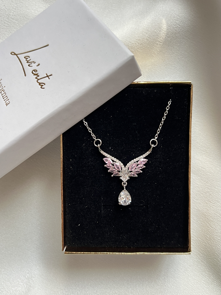 Gümüş Pembe Zirkon Taşlı Melek Kanadı Çelik Kolye (45 cm)