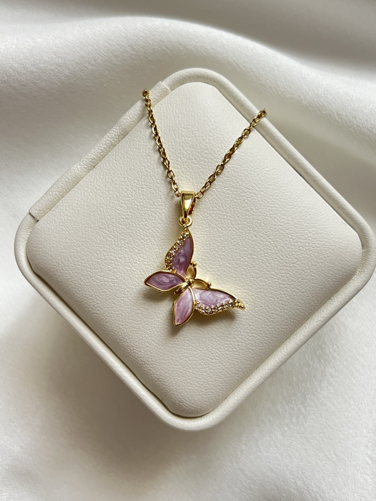 Gold Mor Kelebek Model Çelik Kolye (45 cm)