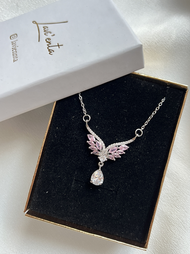 Gümüş Pembe Zirkon Taşlı Melek Kanadı Çelik Kolye (45 cm)