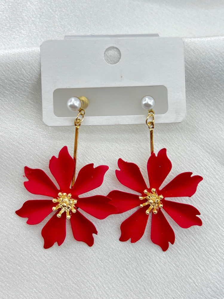 Gold Kırmızı Çiçek Model Küpe