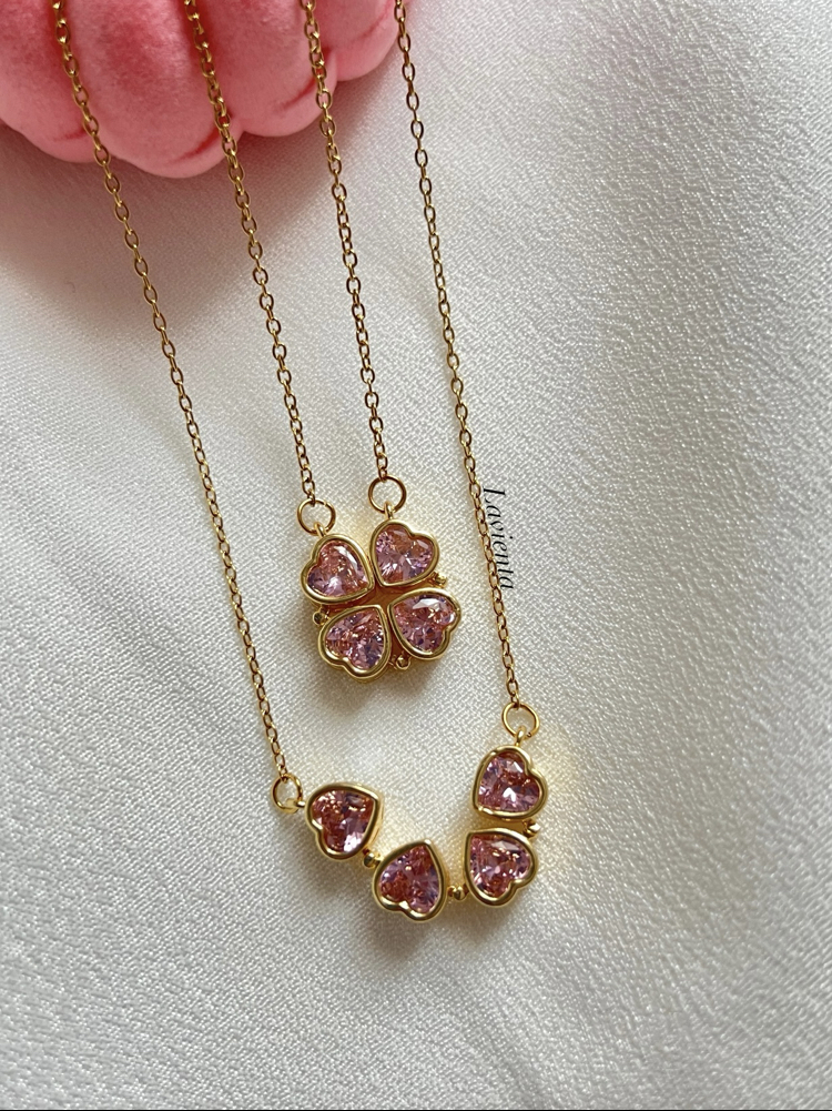 Gold Pembe Zirkon Taşlı Açılabilir Yonca Çelik Kolye (45 cm)