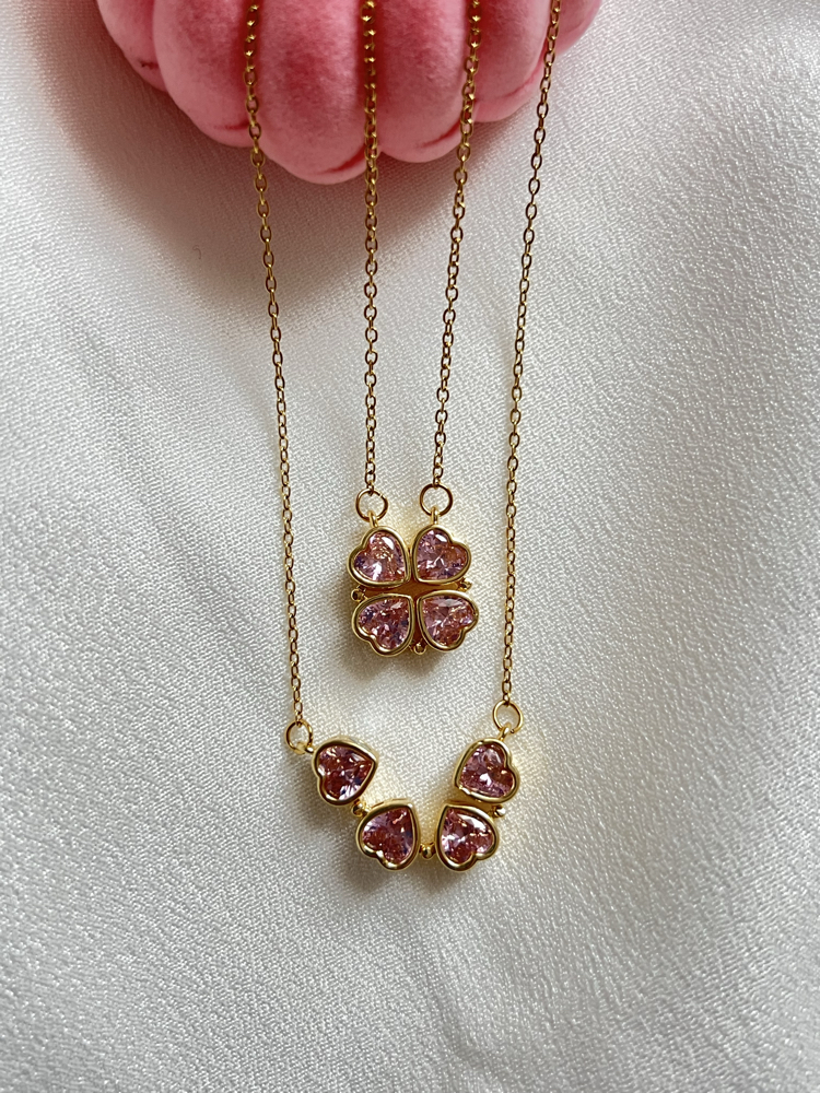 Gold Pembe Zirkon Taşlı Açılabilir Yonca Çelik Kolye (45 cm)