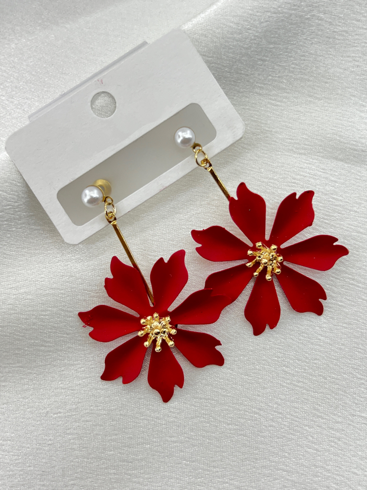 Gold Kırmızı Çiçek Model Küpe