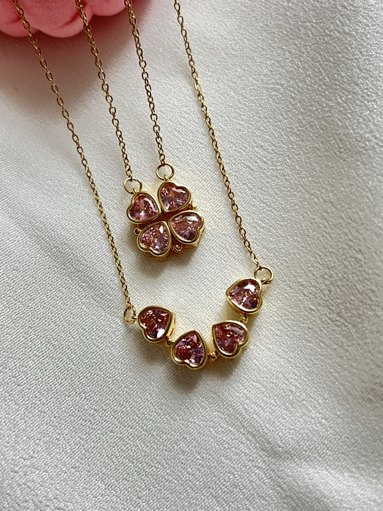 Gold Pembe Zirkon Taşlı Açılabilir Yonca Çelik Kolye (45 cm)