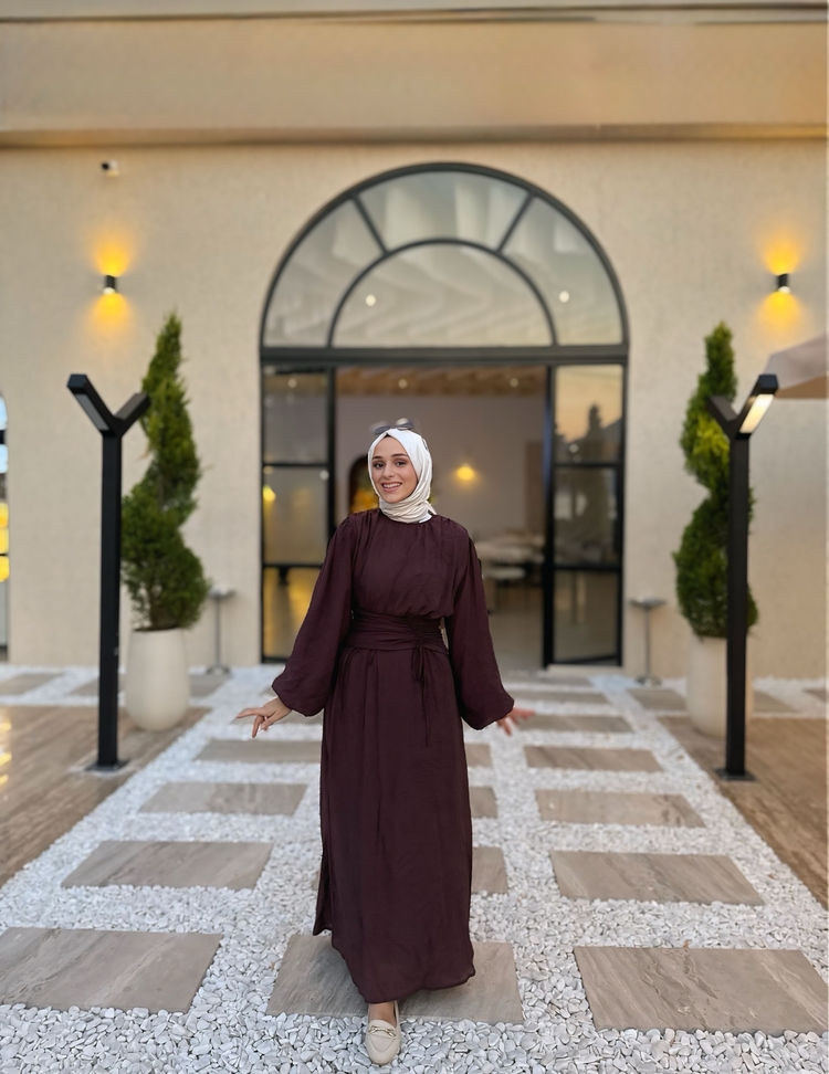 Mürdüm Bel Büzgü Detaylı Elbise 