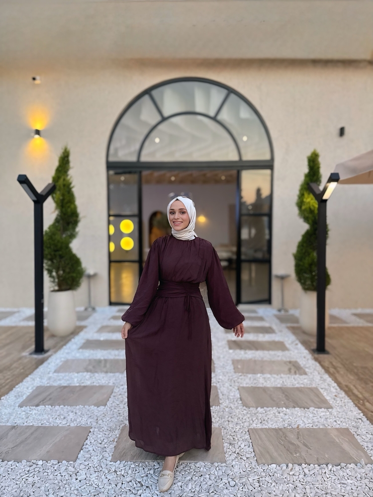 Mürdüm Bel Büzgü Detaylı Elbise 
