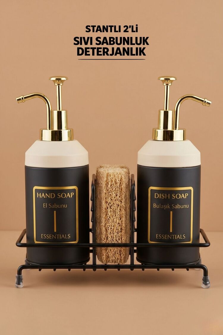 Standlı Sıvı Sabunluk Seti | El Sabunu Bulaşık Sabunu | Metal Stant | 350 ML | Metal