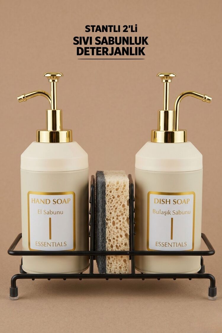Standlı Sıvı Sabunluk Seti | El Sabunu  Bulaşık Sabunu | Metal Stant | 350 ML | Metal