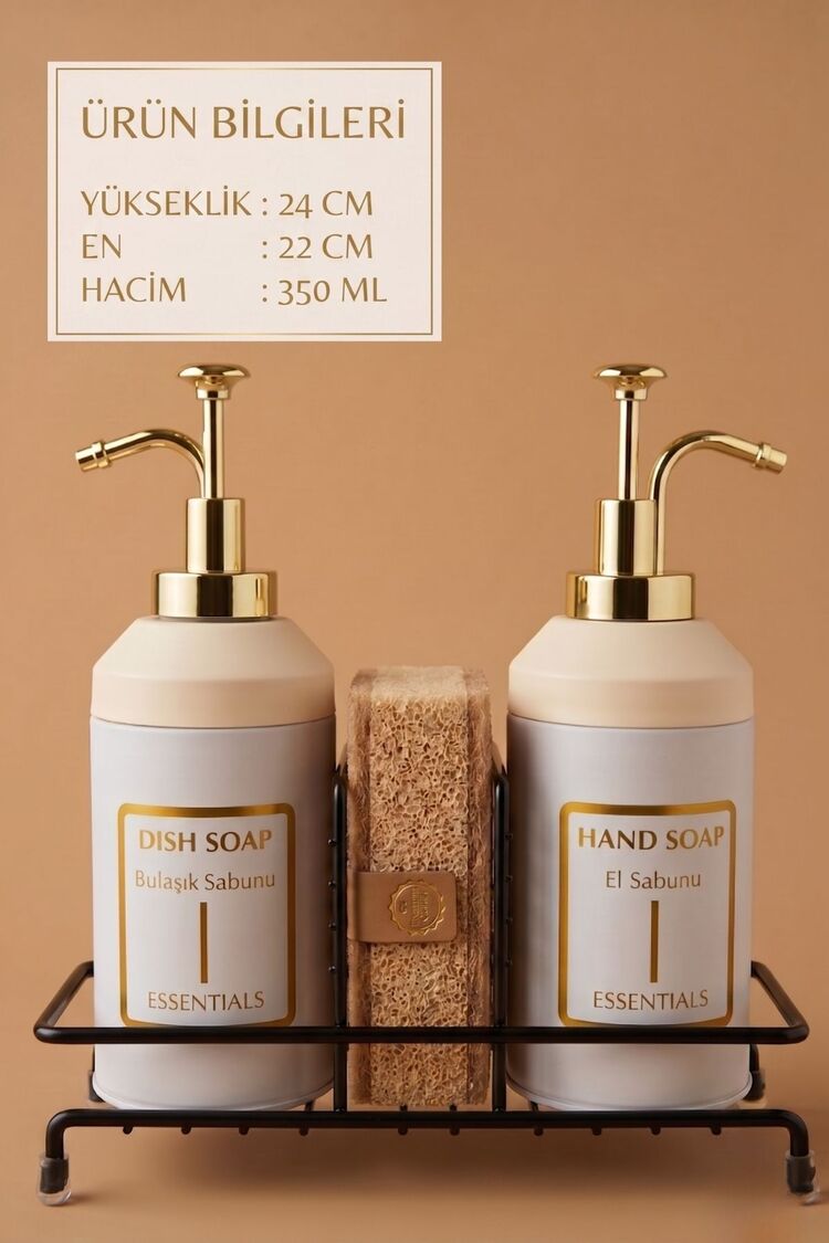 Standlı Sıvı Sabunluk Seti | El Sabunu  Bulaşık Sabunu | Metal Stant | 350 ML | Metal
