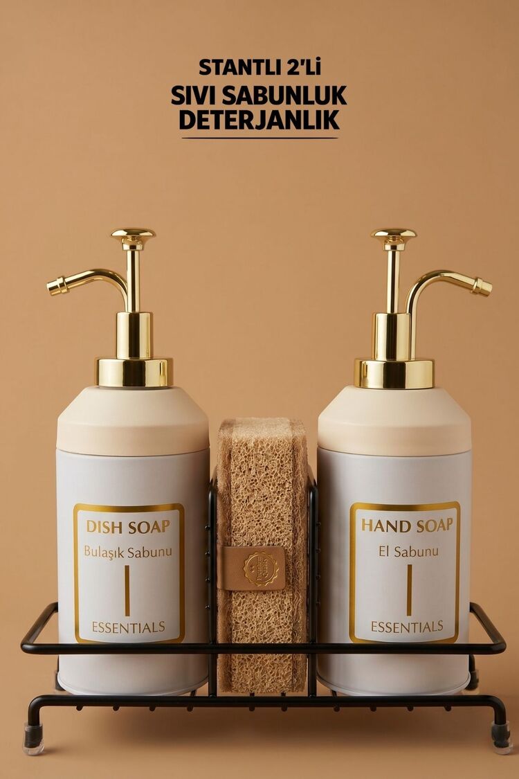 Standlı Sıvı Sabunluk Seti | El Sabunu  Bulaşık Sabunu | Metal Stant | 350 ML | Metal