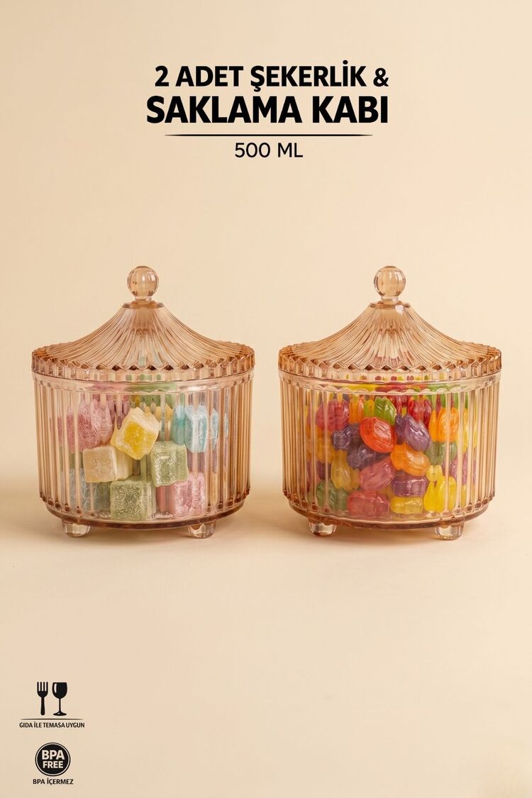 Ayaklı Kapaklı Akrilik Şekerlik Sunumluk 2'li Set | Lokumluk Çok Amaçlı Şık Sunumluk | 500 ML | 