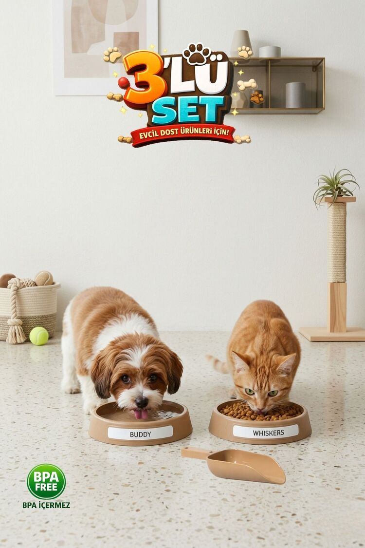 Kedi Köpek İçin 3'lü Mama ve Su Kabı Kürek | İsim Yazılabilir Etiketli, Pati Desenli | Kahve