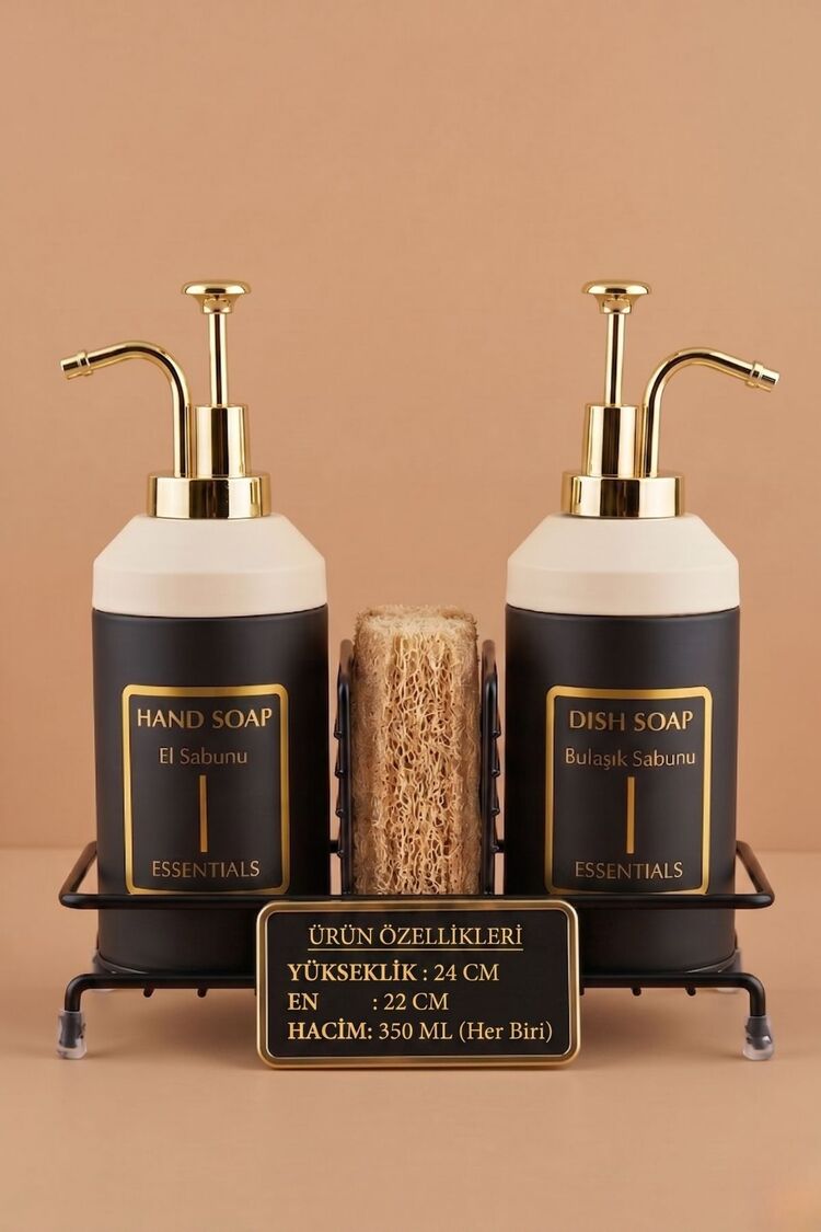 Standlı Sıvı Sabunluk Seti | El Sabunu Bulaşık Sabunu | Metal Stant | 350 ML | Metal