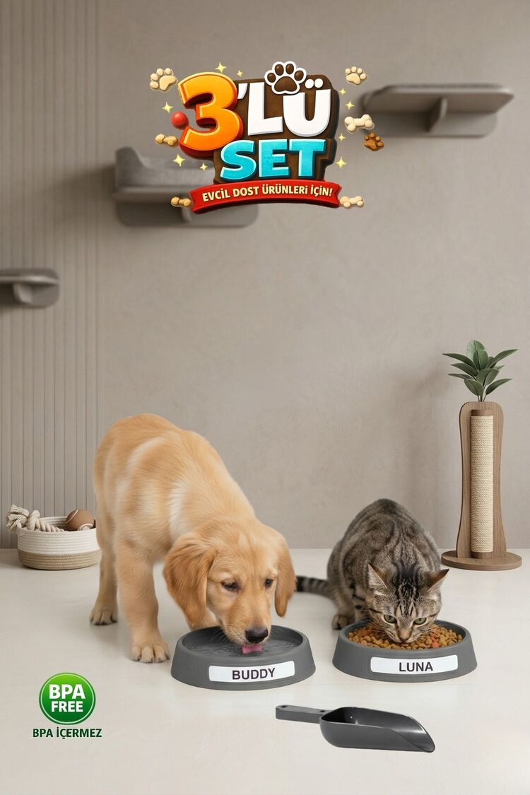 Kedi Köpek İçin 3'lü Mama ve Su Kabı Kürek | İsim Yazılabilir Etiketli, Pati Desenli | Gri