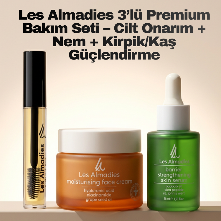 Les Almadies 3’lü Premium Bakım Seti – Cilt Onarım + Nem + Kirpik/Kaş Güçlendirme