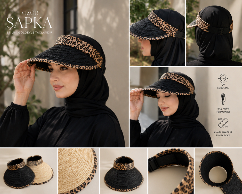 Leopar Detaylı Büyük Beden Vizör Şapka | UV Korumalı