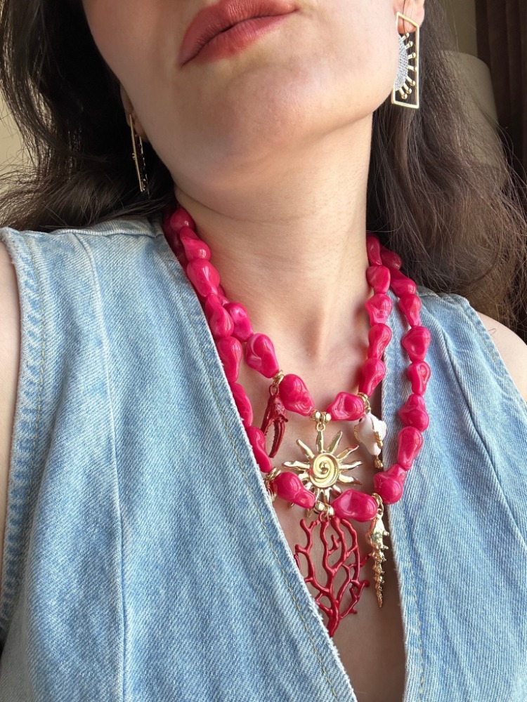 Pembe Çoklu Charm Kolye 