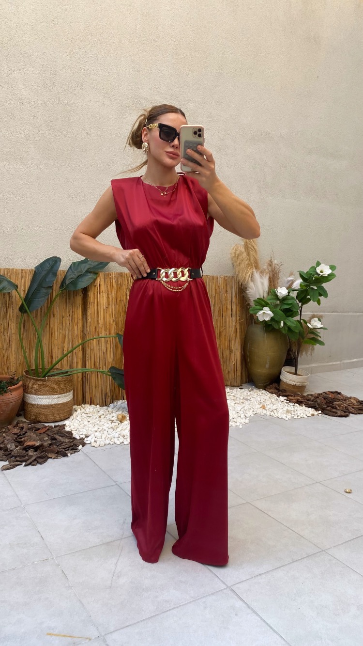 Bordo Premium Saten Kemerli Bol Paça Tulum