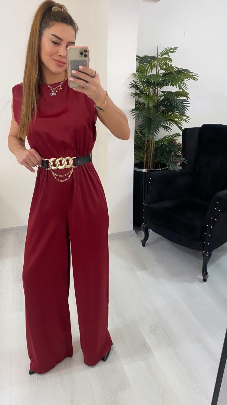 Bordo Premium Saten Kemerli Bol Paça Tulum