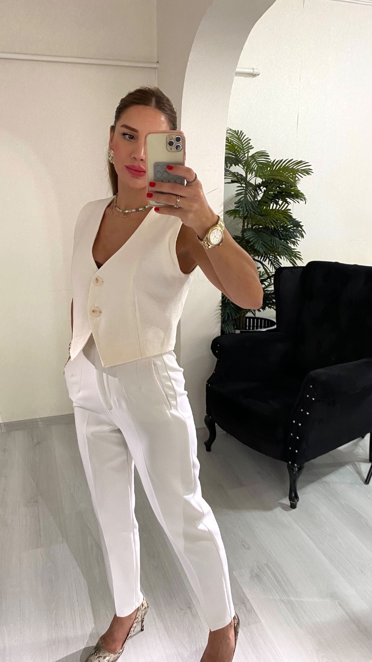 Beyaz ZR model Yüksel Bel Pensli Pantolon